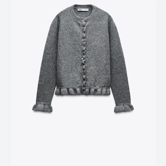 Zara Gray Ruffle Knit Cardigan Size M NWT - Picture 4 of 7